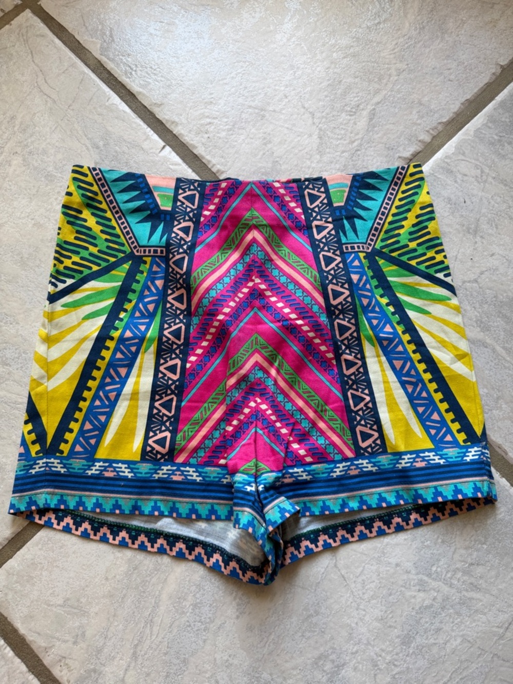 Flying Tomato Geo-Print High-Waist Shorts in Pink, Yellow & Blue